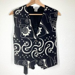 Vintage 80s Boho Vest Embellished Black and White Large Retro Indie